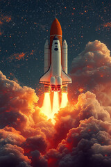 Obraz premium Space Shuttle Ascending Through Fiery Clouds Towards Stars
