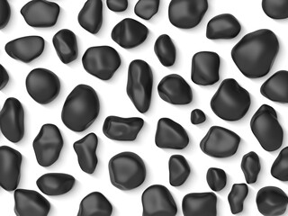 Black river stones scattered on a white background. Smooth, polished pebbles arranged in pattern. Minimalistic design with river rocks