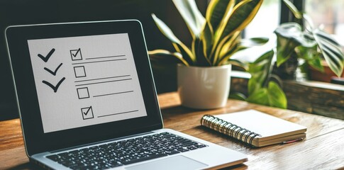 A wooden desk features a business performance checklist and clipboard next to a laptop displaying an online survey form, emphasizing streamlined management and evaluation in a corporate setting