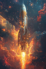 Fototapeta premium A Retro Rocket Ascending Through Fiery Cosmic Clouds