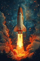 Fototapeta premium Spacecraft Ascending Through Fiery Clouds Towards Stars