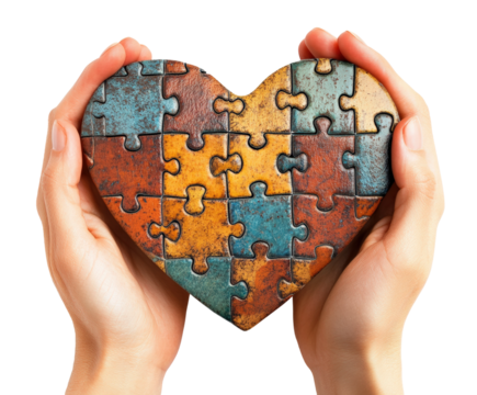 Two hands holding a colorful heart-shaped puzzle symbolizing love and connection in an artistic manner isolated on transparent background