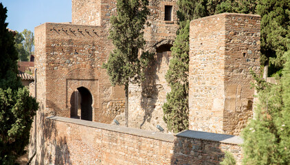 Defensive walls of the fortress at the Alcazaba in Malaga, Spain.