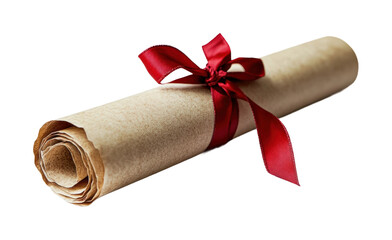Scroll with red ribbon tied around it resting isolated on transparent background