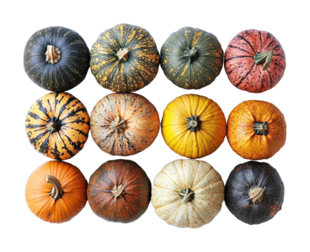 Colorful assortment of pumpkins arranged in a grid during autumn season isolated on transparent background