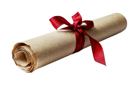 Scroll with red ribbon tied around it resting isolated on transparent background