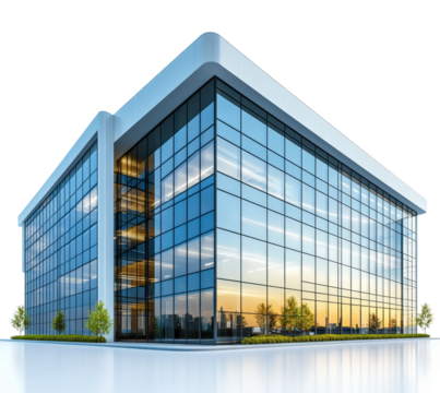 Modern glass office building reflecting sunset light in a vibrant urban area isolated on transparent background