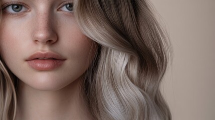 Fototapeta premium Close-up portrait showcasing a subtle ombre hair effect with a light beige to darker brown transition