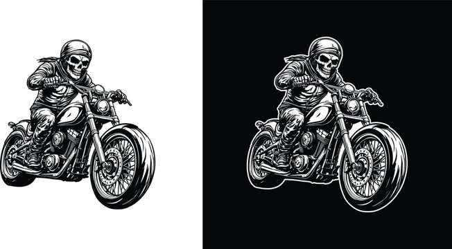 Vintage Skeleton Biker Riding a Motorcycle in Tattoo-Inspired Black and White Vector Illustration