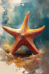 Orange Starfish on Sandy Ocean Floor Artistic Painting