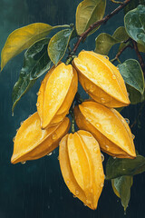 Rainwashed Star Fruits Hanging From Branch