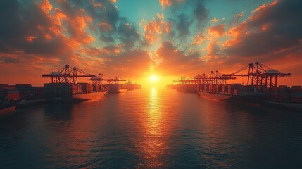 A vibrant sunset over a busy port with container ships and cranes silhouetted against the sky.
