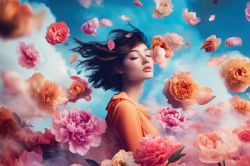 A woman embodies fashion and beauty in harmony with nature.