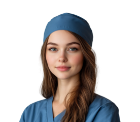 Young female healthcare worker wearing scrubs and a surgical cap with a confident expression in a clinical setting isolated on transparent background