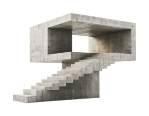 Structural design featuring a minimalist concrete staircase with an open box shape, captured in a bright setting to emphasize its modern architecture isolated on transparent background