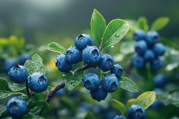 Freshly ripened blueberries on a plant glistening with morning dew in nature