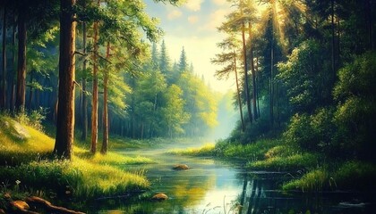 Fototapeta premium A beautiful forest with tall trees and lush green grass lines the riverbank.