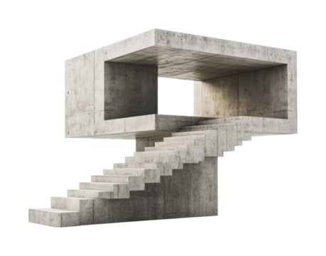 Structural design featuring a minimalist concrete staircase with an open box shape, captured in a bright setting to emphasize its modern architecture isolated on transparent background