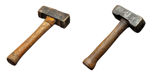 Two vintage sledgehammers with wooden handles and worn metal heads are displayed. aged appearance suggests extensive use, highlighting their durability and craftsmanship