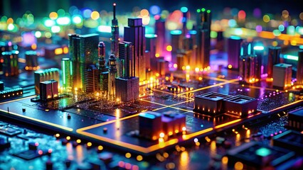 Obraz premium Macro Cityscape: Vibrant Digital Energy Flowing Through Circuits