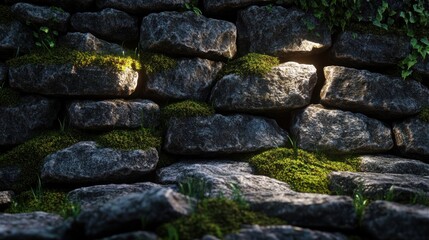 Textured background of stacked stone with moss growing between, illuminated to enhance the natural feel and depth