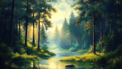 Obraz premium A beautiful forest with tall trees and lush green grass lines the riverbank.