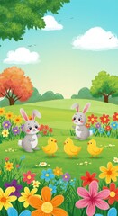 Fototapeta premium Playful Cartoon-Style Landscape with Bunnies and Chicks in Colorful Garden