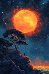 Solitary Figure Gazing at a Giant Orange Moon and Starry Sky