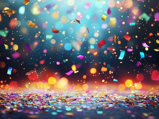 Festive Confetti Celebration with Bright Lights and Dark Background