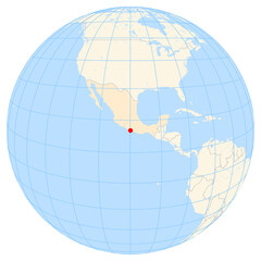 Map showing the location of the city Acapulco De Juarez in Mexico (Central America) on the earth globe.