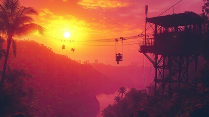 A vibrant sunset over a tropical landscape featuring a cable car and observation tower.