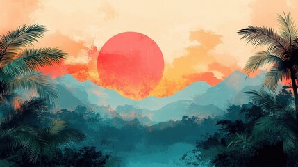 A vibrant sunset over mountains with palm trees, evoking tranquility and natural beauty.