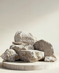 Natural stone arrangement on a minimalistic pedestal in a bright indoor setting during daylight