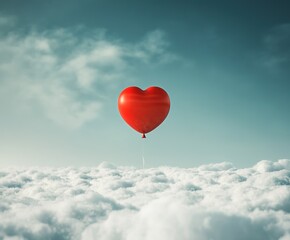 Fototapeta premium A red balloon floating in the sky, surrounded by white clouds, symbolizing freedom and joy.