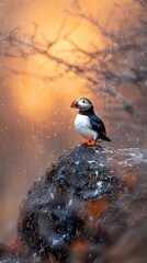 A puffin perched on a rocky surface, surrounded by a soft, dreamy atmosphere filled with warm colors and falling snowflakes.