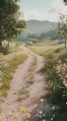 Serene country road winding through a picturesque meadow, wildflowers blooming on both sides, leading to distant hills.