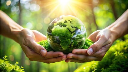 Hands Holding Green Moss-Covered Globe with Vibrant Outdoor Background Symbolizing Sustainability and Nature Care

