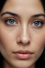 Naklejka premium High-quality portrait of a young woman with dark hair and striking features. Professional beauty photography with soft, flattering lighting highlighting natural facial features. Perfect for fashion, b