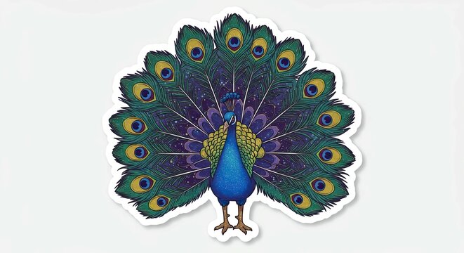 A majestic sticker of a peacock with a splendid tail, designed with intricate and radiant patterns.