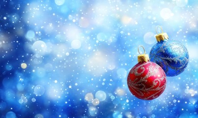 Festive Red and Blue Christmas Ornaments against Sparkling Winter Background
