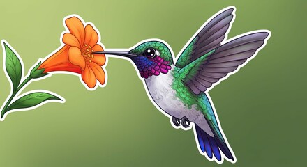 Fototapeta premium A cute sticker of a hummingbird with shimmering feathers, happily drinking nectar from a vibrant flower.