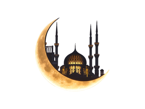Mosque Silhouette Crescent Moon. Half Crescent Moon with Mosque Silhouette. Ramadan PNG. - Powered by Adobe