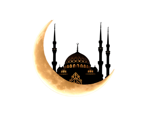 Mosque Silhouette Crescent Moon. Half Crescent Moon with Mosque Silhouette. Ramadan PNG. - Powered by Adobe