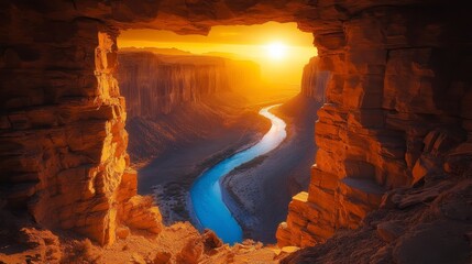A stunning sunset view from a rocky ledge, showcasing a winding river illuminated by warm golden light.