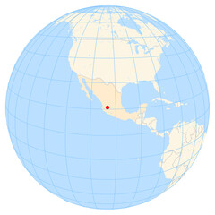 Map showing the location of the city Tlaquepaque in Mexico (Central America) on the earth globe.