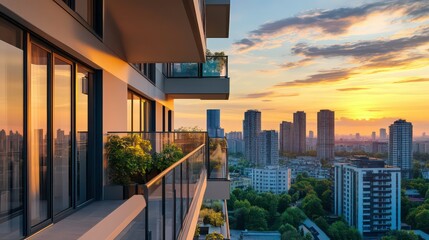 Modern apartment balcony overlooking a city sunset.