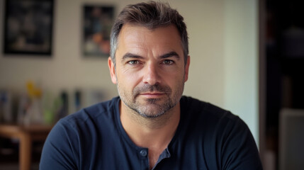 Man with short gray hair sits thoughtfully in a cozy indoor space while dressed in a casual blue shirt