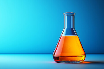 Laboratory flask filled with transparent yellow liquid. The concept of laboratory research, experiments and scientific discoveries.