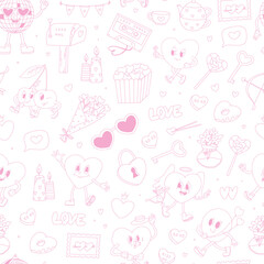 Valentine's day pink monochrome seamless pattern with doodles for wallpaper, gift wrap, textile prints, backgrounds, digital paper, scrapbooking, stationery, etc. EPS 10