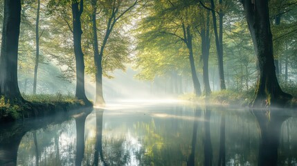 Misty morning sunlight illuminates a tranquil forest reflecting on a calm river.